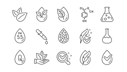No artificial colors, organic leaf line icons. Dermatologically tested, Paraben chemical formula icons. Hypoallergenic tested, Neutral ph. Linear set. Vector - obrazy, fototapety, plakaty