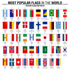 Fototapeta premium Flags on poles, most popular world flags