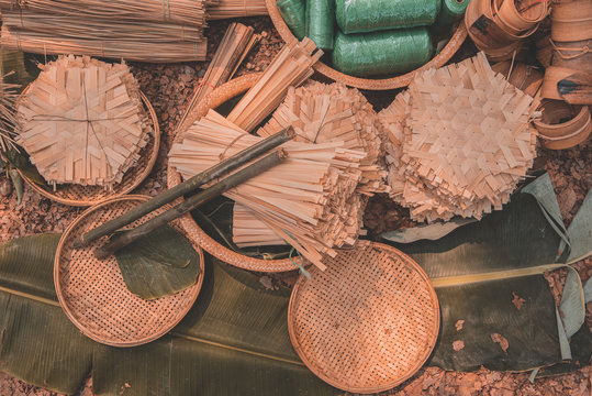 Materials and equipment of thai OTOP product from dry Catathea grass weave as basketry.