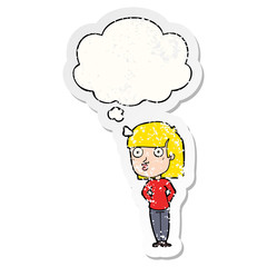 cartoon woman staring and thought bubble as a distressed worn sticker