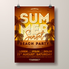 Vector Summer Party Flyer Design with Palm Trees and Ocean on Sunset Landscape Background. Summer Holiday Illustration Template with Tropical Plants and Typography Letter for Banner, Flyer, Invitation