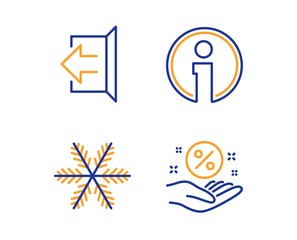 Snowflake, Info and Sign out icons simple set. Loan percent sign. Air conditioning, Information, Logout. Discount hand. Technology set. Linear snowflake icon. Colorful design set. Vector