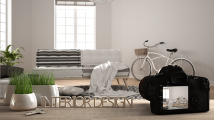 Architect photographer designer desktop concept, camera on wooden work desk with screen showing interior design project, blurred scene background, modern living room idea template
