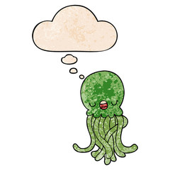 cartoon jellyfish and thought bubble in grunge texture pattern style