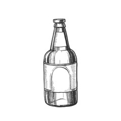 Hand Drawn Classic Glass Bottle Of Beer Vector. Ink Design Sketch Retro Bottle Of Alcoholic Drink Or Mineral Water. Concept Monochrome Package With Blank Label Template Cartoon Illustration