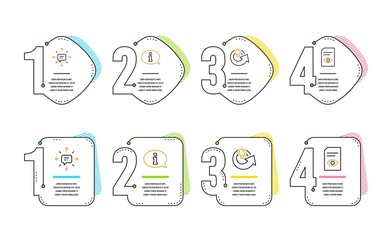 Information, Share idea and Sms icons simple set. View document sign. Info center, Solution, Conversation. Open file. Technology set. Infographic timeline. Line information icon. 4 options or steps