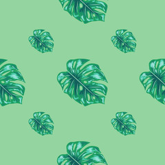 Palm Monstera Seamless Pattern. Blue Black Tropical Summer Background.