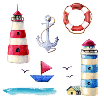 Watercolor nautical elements collection. Various lighthouses isolated on white backdrop. illustration of red and blue striped lighthouses, ship, anchor lifebuoy and gulls. hand painted nautical set.