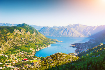 Panoramic view of Kotor bay in Montenegro at sunrise. Summer landscape. Famous travel destination.