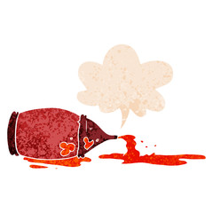 cartoon spilled ketchup bottle and speech bubble in retro textured style
