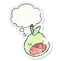 cartoon pear and thought bubble as a distressed worn sticker