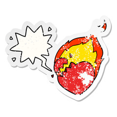 cartoon flaming heart and speech bubble distressed sticker