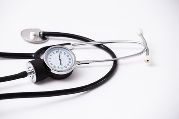 Medical Blood Pressure device. Medical and hospital concept. Stethoscope on white background. phonendoscope for doctor. Stethoscope bright background. Close up equipment medical Stethoscope.