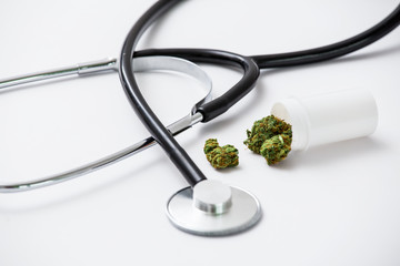 Medical Marijuana Close Up Cannabis Buds With Doctors Prescription For Weed. Medicinal Pot With...