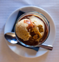 Homemade chocolate ice cream with hot chocolate, nobody