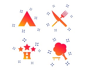 Food, hotel, camping tent and tree icons. Knife and fork. Break down tree. Road signs. Random dynamic shapes. Gradient hotel icon. Vector