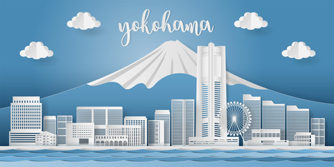 Japan landmark travel banner, presentation with yokohama modern architecture city skyline, Business and tourism concept. Paper cut stlye - obrazy, fototapety, plakaty