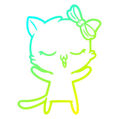 cold gradient line drawing cartoon cat with bow on head