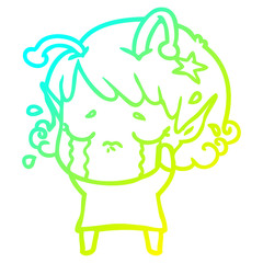 cold gradient line drawing cartoon crying alien girl
