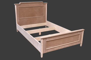 Bed building process. Wooden furniture manufacturing process. Furniture manufacture. Isolated on gray