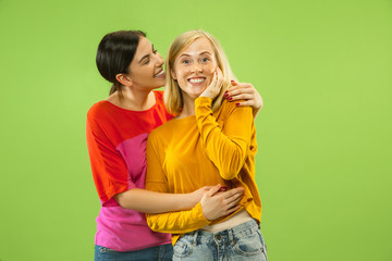 Portrait of pretty charming girls in casual outfits isolated on green studio background. Two female models as a girlfriends or lesbians. Concept of LGBT, equality, human emotions, love, relation.