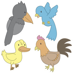 4 cute animal crow duckling chicken and bird pastel color with white background