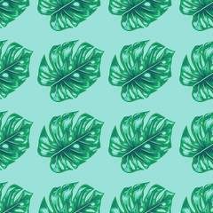 Seamless indigo tropical pattern with monstera