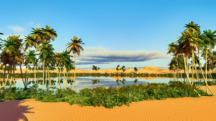 Palm trees near oasis in Africa 3d rendering