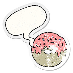 cartoon donut and speech bubble distressed sticker