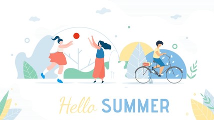 Fototapeta na wymiar Hello Summer Greeting Banner with Resting People