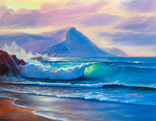 Sunset on the sea, painting by oil on canvas.