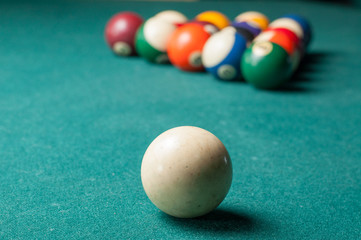Old billiard balls on a green table. billiard balls isolated on a green background
