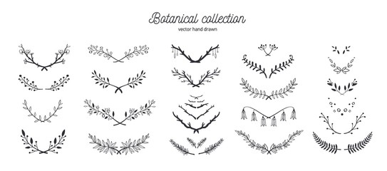 Vector hand drawn vintage floral laurels. Set of Nature doodle flowers and brunches for Wedding, Birthday and cards decorations