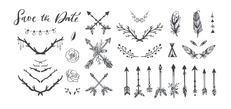 Boho style vector collection for tattoo, invitations, flyers, decor with feathers, branches of tree,wild flowers,arrows. Bohemian tribal set. Save the Date handwritten calligraphy
