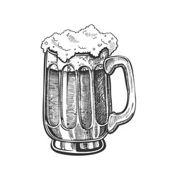 Hand Drawn Mug With Froth Bubble Light Beer Vector. Full Mug With Handle And Foam Alcoholic Frosty Brewery Craft Liquid Light Lager. Pub Tavern Drink Closeup Monochrome Mockup Cartoon Illustration