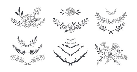 Floral vector set with bouquet with rose, peony, anemone, sakura, wild flowers. Hand drawn rustic isolated frames, borders, wreath . Save the date