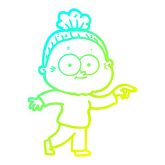 cold gradient line drawing cartoon happy old woman