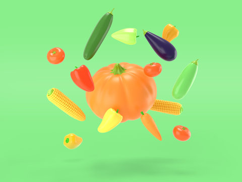 Vegetables flying on a green colored background. Pumpkin, corn, pepper, eggplant, zucchini, tomato in cartoon style. A vivid illustration of a ripe autumn harvest. 3D rendered