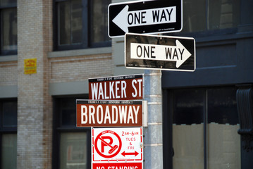 road signs on intersection Broadway and Walker Street in manhattan