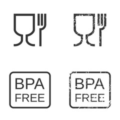 Vector illustration of food safe and bpa-free signs. Set of isolated icons with grunge copy on white background. Fully editable collection for your packaging design and other projects.