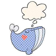 cartoon whale with love heart and thought bubble in comic book style