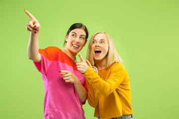 Portrait of pretty charming girls in casual outfits isolated on green studio background. Two female models as a girlfriends or lesbians. Concept of LGBT, equality, human emotions, love, relation.