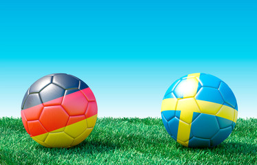 Fototapeta premium Two soccer balls in flags colors on green grass. Quarter-final. Germany and Sweden. 3d image