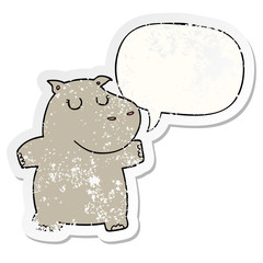 cartoon hippo and speech bubble distressed sticker