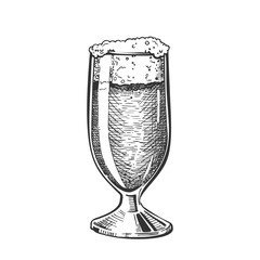 Hand Drawn Classical Glass With Foam Beer Vector. Glass With Alcoholic Fresh Cold Beverage Light Drink. Monochrome Black And White Oktoberfest Festive Equipment Template Cartoon Illustration