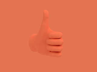 Cartoon hand thumb up. Illustration on red color background. 3D-rendering.