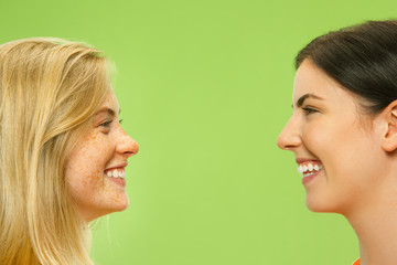 Portrait of pretty charming girls in casual outfits isolated on green studio background. Two female models as a girlfriends or lesbians. Concept of LGBT, equality, human emotions, love, relation.