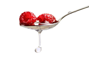 Design Element Wet Berry of Raspberry on Spoon Isolated on White Background.