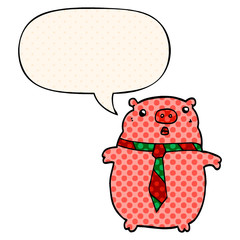 cartoon pig wearing office tie and speech bubble in comic book style