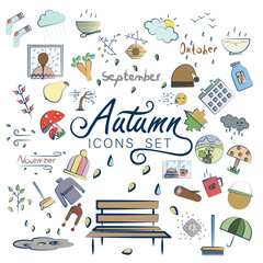 Autumn set, hand drawn elements- calligraphy, fall leaves, forest animals, wreaths, and other. Perfect for web, card, poster, cover, tag, invitation, sticker kit